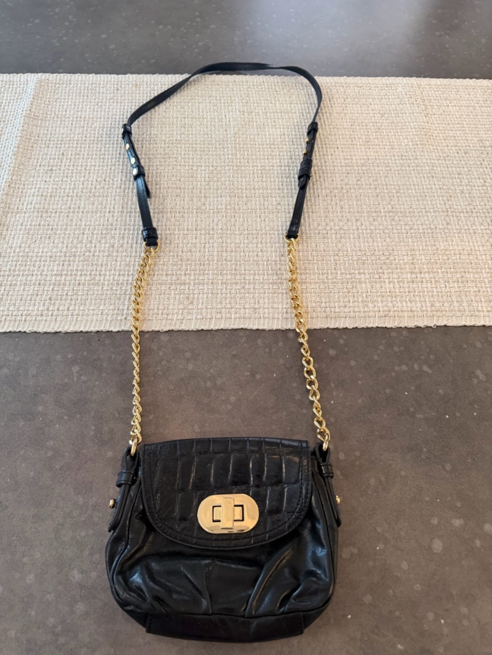 Black Croc-Texture Leather Crossbody with Gold Chain Strap
